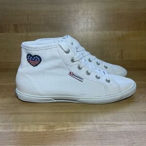 Superga White Canvas Lace Up Hi-Top High Shoes American Flag Heart Womens 8.5